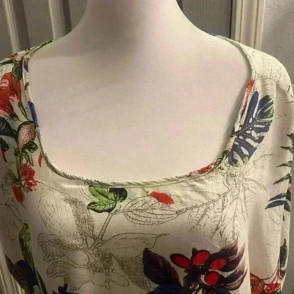 Emery Rose colorful top with plant prints drawstring hem & batwing sleeves XL - Picture 2 of 10